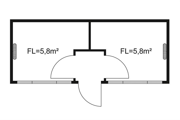 Raummodul 6,0×2,5 m Tür längsseits, Windfang, raumgeteilt