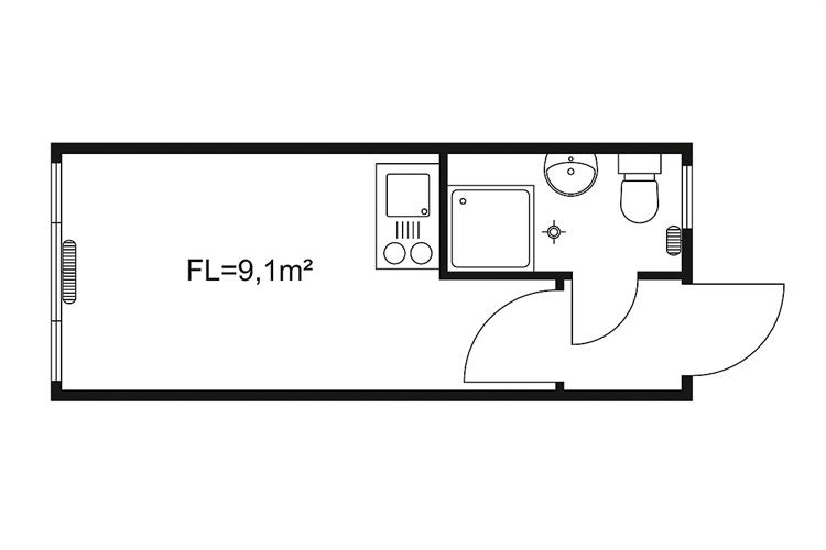 Raummodul 6,0×2,5 m mit Windfang, WC, Dusche und Pantry