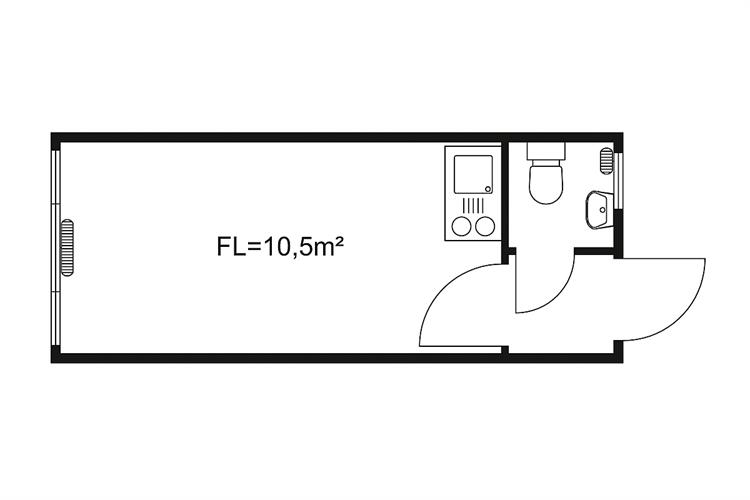 Raummodul 6,0×2,5 m mit Windfang, WC und Pantry