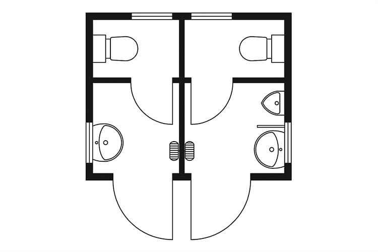 WC-Container 3,0×2,5 m Damen/Herren, 2 WC, 1 Urinal