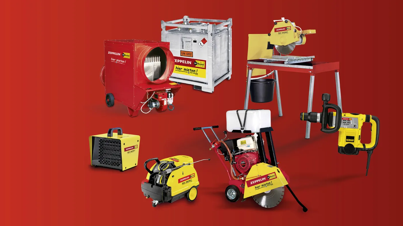 Landingpage Header mit Abbildungen von verschiedenen Baugeräten